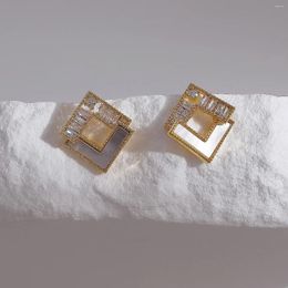 Boucles d'oreilles S925 aiguille en argent mère naturelle de la coquille avec laiton zircon carré / 16k Gold Corée Fasion Bijoux pour femmes 2024