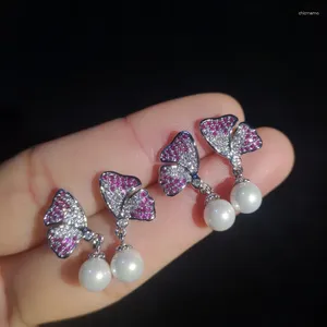 Pendientes de semental S925 Silver Needle Simple Wild Lady Pearl Pink Butterfly Wingsaaa Circon Jewelry