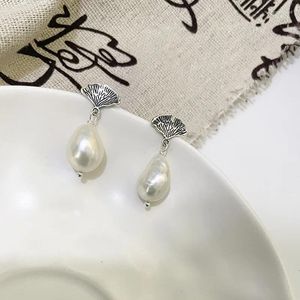 Boucles d'oreilles à tige en argent S925, Vintage, feuille de Ginkgo, perle baroque naturelle d'eau douce