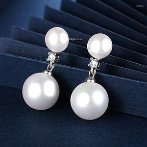 Boucles d'oreilles S925 argent sterling 30 mm Simple 2 perles zircon pour femmes Fashion Wedding Engagement Gift Bijoux