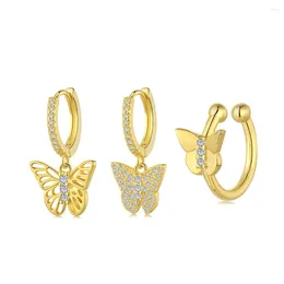 Boucles d'oreilles à tige en argent sterling S925 avec diamant et papillon, polyvalentes, sans trous, collier