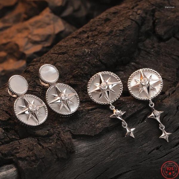 Pendientes de tuerca de plata de ley S925 para mujer y hombre, aretes de concha Natural con borla larga y estrella de ocho puntas a la moda