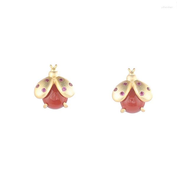 Boucles d'oreilles à tige en argent sterling S925 plaqué or incrusté d'agate rouge du sud