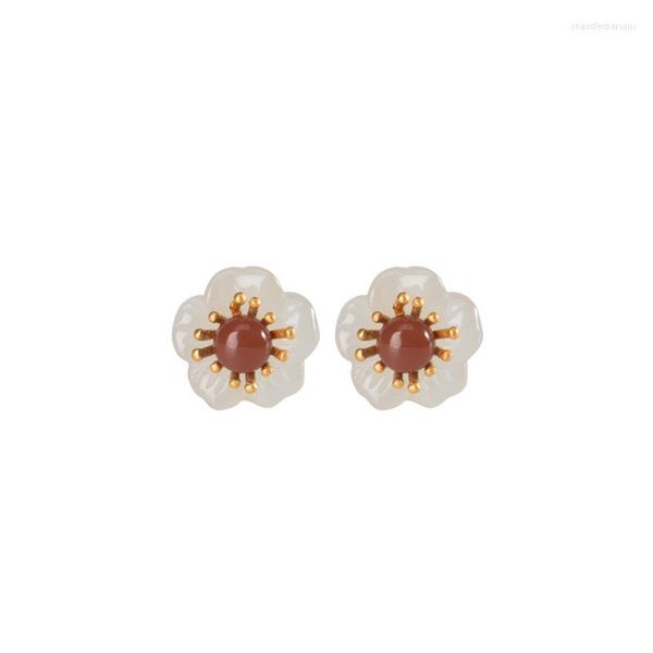 Boucles d'Oreilles S925 Argent Sterling Plaqué Or Agate Rouge du Sud Hetian Jade Boucles d'Oreilles Rétro All-matching Plum Blossom Women#39;s