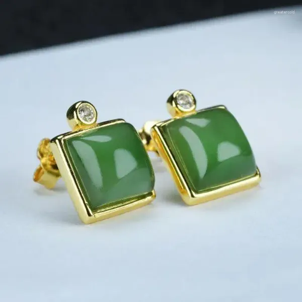 Pendientes de tuerca de plata de ley S925 para mujer, joyería fina cuadrada de Jade VERDE, Jades Hetian naturales auténticos, pendiente dorado de nefrita