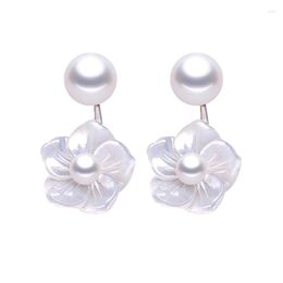 Stud -oorbellen S925 Sterling Silver High Gloss Natural Pearls Deep Sea Shell Rose Sweet Girl's Earring