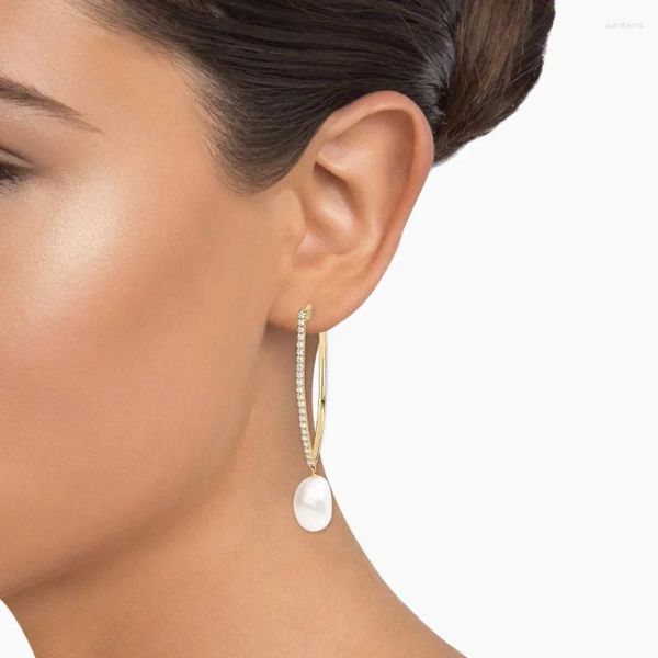 Boucles d'oreilles en argent Sterling S925, bijoux en perles de culture baroques et cerceau en diamant