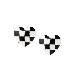 Boucles d'oreilles à tige en argent sterling S925, damier coréen noir et blanc, peinture d'amour, cuisson en forme de cœur