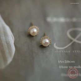 Pendientes de tuerca de plata de ley S925, microconjunto de perlas semicirculares naturales para mujer, minipendiente chapado en oro de 14k, joyería de moda