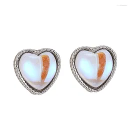 Orecchini a bottone S925 in argento sterling con pietra di luna a forma di cuore, temperamento semplice, gioielli da donna