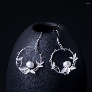 Boucles d'oreilles à tige S925 en argent Sterling feuille simple femme Style ethnique élégant Arabesque perle bijoux littéraires