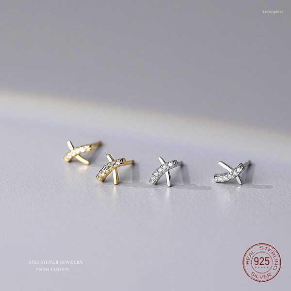 Pendientes de tuerca de plata de ley S925 con letra X para mujer, pendiente de cruz con incrustaciones de circón Simple, joyería de moda coreana, regalos de fiesta