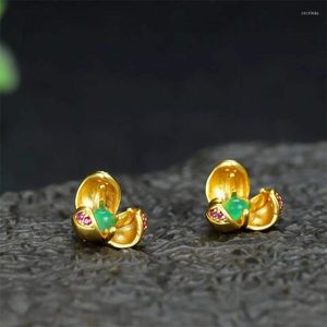 Boucles d'oreilles vente naturel sculpté à la main couleur or 24k incrustation Jade Lotus goujons mode bijoux hommes femmes chance cadeaux