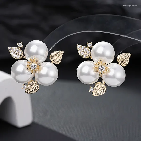 Boucles d'oreilles Senyu Fashion Flower Plant Design Charm Pave Cumbic Zirconia Luxury Blanc Pain Perle Femme Femme Studes Dubaï Jewelry