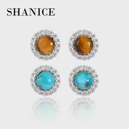 Stud -oorbellen Shanice Light luxe hoogwaardige ronde vol kristal ingelegd met natuurlijke turquoise S925 Sterling Silver Ear -studs voor vrouwen