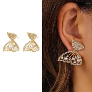 Boucles d'oreilles étalon papillon brillant pour femmes Style en strass de perle mignonne fille zircon bijoux