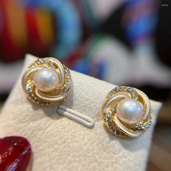 Pendientes de tuerca con diseño de Nido de Pájaro de cristal brillante, perlas naturales de agua dulce, joyería rellena de oro de 14 quilates para mujer, regalo