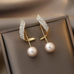 Boucles d'oreilles en cristal brillant, imitation perle, pendentif, clous d'oreilles, tempérament, feuille en métal, longue combinaison, bijoux pour femmes