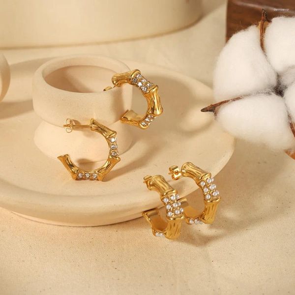 Boucles d'oreilles brillantes en forme de C en zircone cubique pour femme, breloque plaquée or 18 carats, en acier inoxydable, joint en bambou, bijoux en perles d'imitation