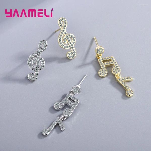 Boucles d'oreilles à tige en argent sterling 925 avec strass brillant, note de musique, breloque asymétrique, bijoux fins pour dames et filles, cadeaux de Noël