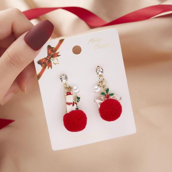 Pendientes con diamantes de imitación brillantes para mujer, aretes rojos con forma de árbol de Navidad, joyería de moda coreana, bola de muñeco de nieve, borla, regalos del Festival