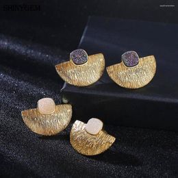 Stud -oorbellen ShinyGem S925 Sterling Silver Luxury Semicircle Sparkling Natural Square Crystal Gold voor vrouwen