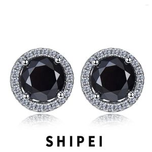 Boucles d'oreilles étalon SHIPEI Solide 925 argent sterling 1 ct Round Black Sapphire Gemstone 18K Gold Gold Eaute d'oreille Unisexe Basic Fine Jewelry