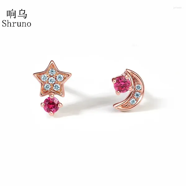 Boucles d'oreilles Shruno véritable rubis pierre précieuse solide 14 carats 18 carats or rose laboratoire cultivé diamants moissanite étoiles lune