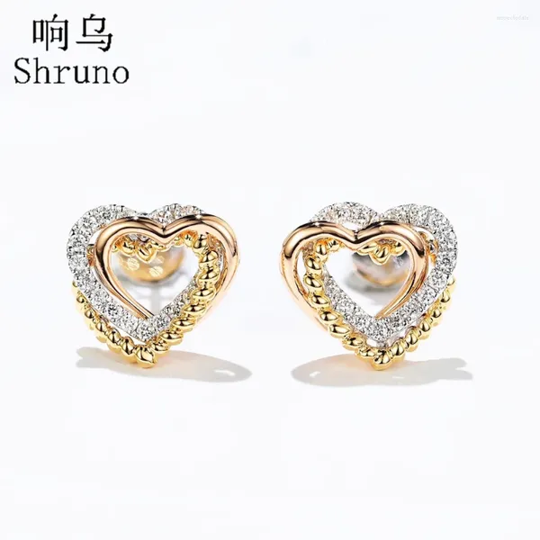 Boucles d'oreilles à goujons Shruno Solide 18 carats en or blanc coeur en forme de coeur en forme de diamant entre les errings de tricolore