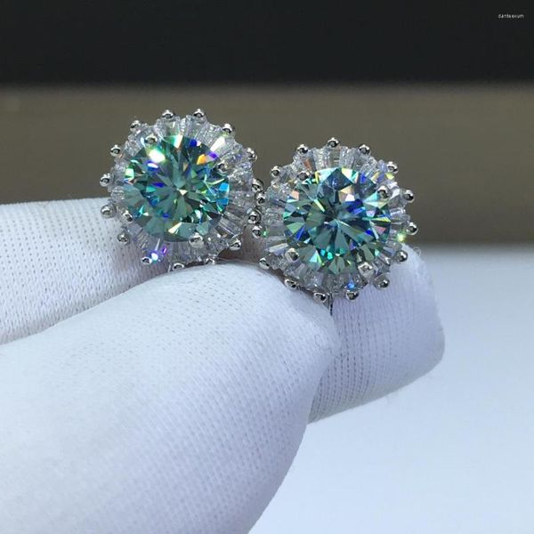 Boucles d'oreilles à tige en argent 925 test de diamants d'origine passé Total 2 carats coupe brillante GreenBlue Moissanite flocon de neige bijoux en pierres précieuses