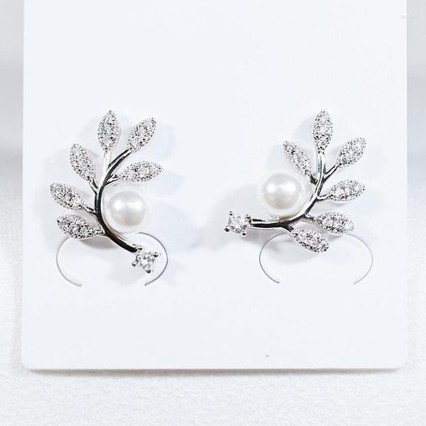Boucles d'oreilles à tige couleur argent zircon cubique cristal strass feuilles perle pour fille femmes cadeau fête anniversaire mariage