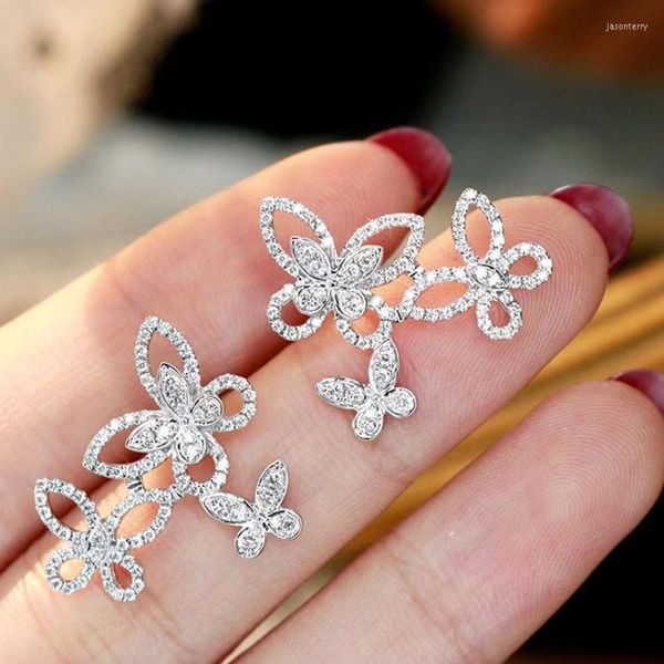 Boucles d'oreilles à tige couleur argent creux trois couches papillon boucle d'oreille pour femmes cadeaux Bijoux Premium luxe Zircon déclaration Bijoux accessoires