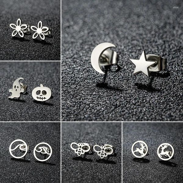 Pendientes de tuerca Color plata estrella Luna pendientes joyería de moda pequeña abeja ciervo onda Margarita tachuelas para mujer regalo de Pascua al por mayor