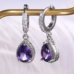 Boucles d'oreilles couleur argent avec zircone cubique violette, goutte d'eau longue pour femmes élégantes, bijoux de mariée, accessoires cadeau de mariage