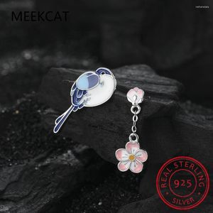 Boucles d'oreilles étalons en émail en émail et plante fleurie 925 Sterling Asymétrique Pendientes Gift for Women Fine Jewelry SCE1083