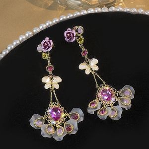 Stud -oorbellen zilveren naald kristal druppels bloembladen paarse bloem hanger vrouwelijke sieraden geschenken lang klein