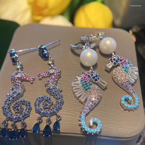 Boucles d'Oreilles Tige Argent Aiguille Monde Sous Marin Animal Femelle Couleur Hippocampe Perle