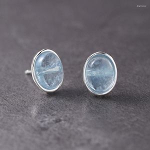 Stud -oorbellen Silvologie echt 925 Sterling Silver Natural Aquamarine Crystal Earring voor vrouwen ovaal eenvoudige luxe fijne sieraden