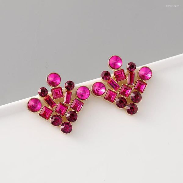 Pendientes de tuerca geométricos clásicos simples con accesorios de oreja de cristal fucsia para mujer, joyería de fiesta y boda