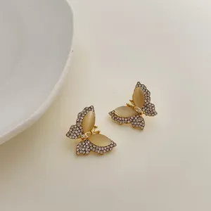 Boucles d'oreilles simples à la mode, Micro incrustation de pierres semi-précieuses, opale douce et mignonne, clous d'oreille papillon, personnalité compacte