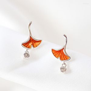 Boucles d'oreilles Simple feuille de Ginkgo Mori époxy plante cubique zircone couleur argent pour les femmes à la mode Bling bijoux en gros