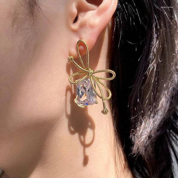 Pendientes de tuerca con lazo grande y sencillo para mujer, elegante colgante de gema de Metal, joyería exquisita, regalos de cumpleaños