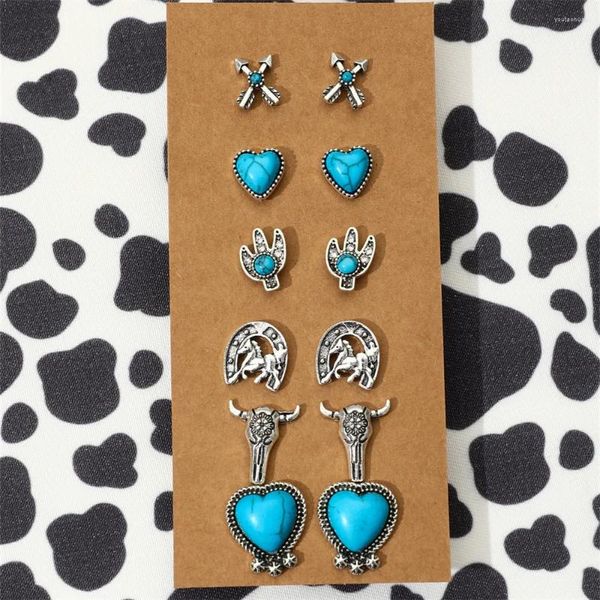 Boucles d'oreilles étalon Sindlan 6 paires de coeur occidental couleur argent couleur pour femmes en pierre vintage cactus femelle bijoux de mode femelle aretes de mujer