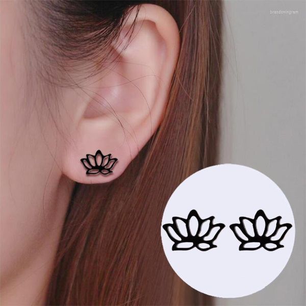 Pendientes De tuerca pequeños flor De loto pétalo planta verano negro Mujer pendientes De acero inoxidable hallazgos Aretes De Mujer Modernos 2023