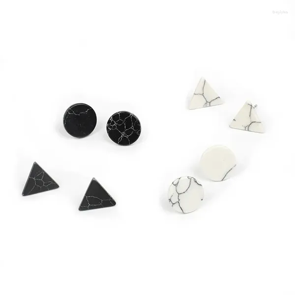 Pendientes de tuerca pequeños de mármol para mujer, joyería de moda triangular redonda geométrica en blanco y negro, joyería al por mayor