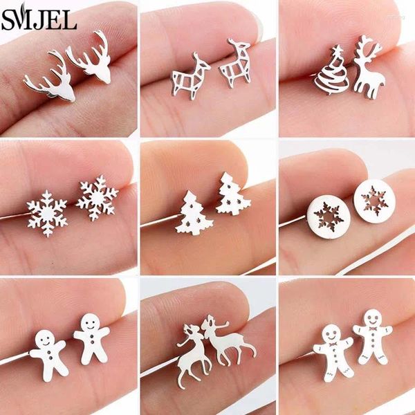 Boucles d'oreilles SMJEL mignon Animal cerf petit bonhomme en pain d'épice flocon de neige boucles d'oreilles pour filles en acier inoxydable bijoux de noël Brincos