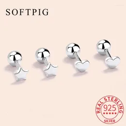 Boucles d'oreilles Softpig Real 925 Perle de vis d'étoile du cœur en argent sterling pour les femmes