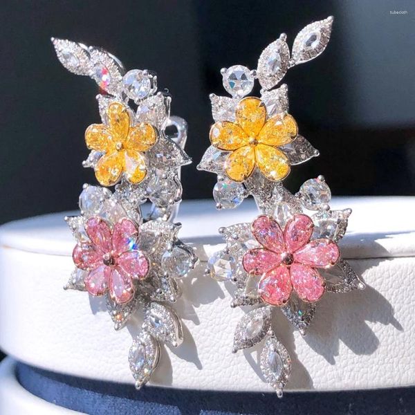 Pendientes de tuerca de oro macizo de 18 quilates, 2.738ct, coloridos diamantes amarillos y rosas, tachuelas femeninas para mujer finas