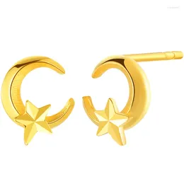 Boucles d'oreilles à tige en or jaune massif 999 24 carats pour femme, lune 3D