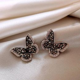 Boucles d'oreilles Design sud-coréen, bijoux à la mode, plaqué or 14 carats, cristal gris papillon, accessoires de travail quotidiens élégants pour femmes